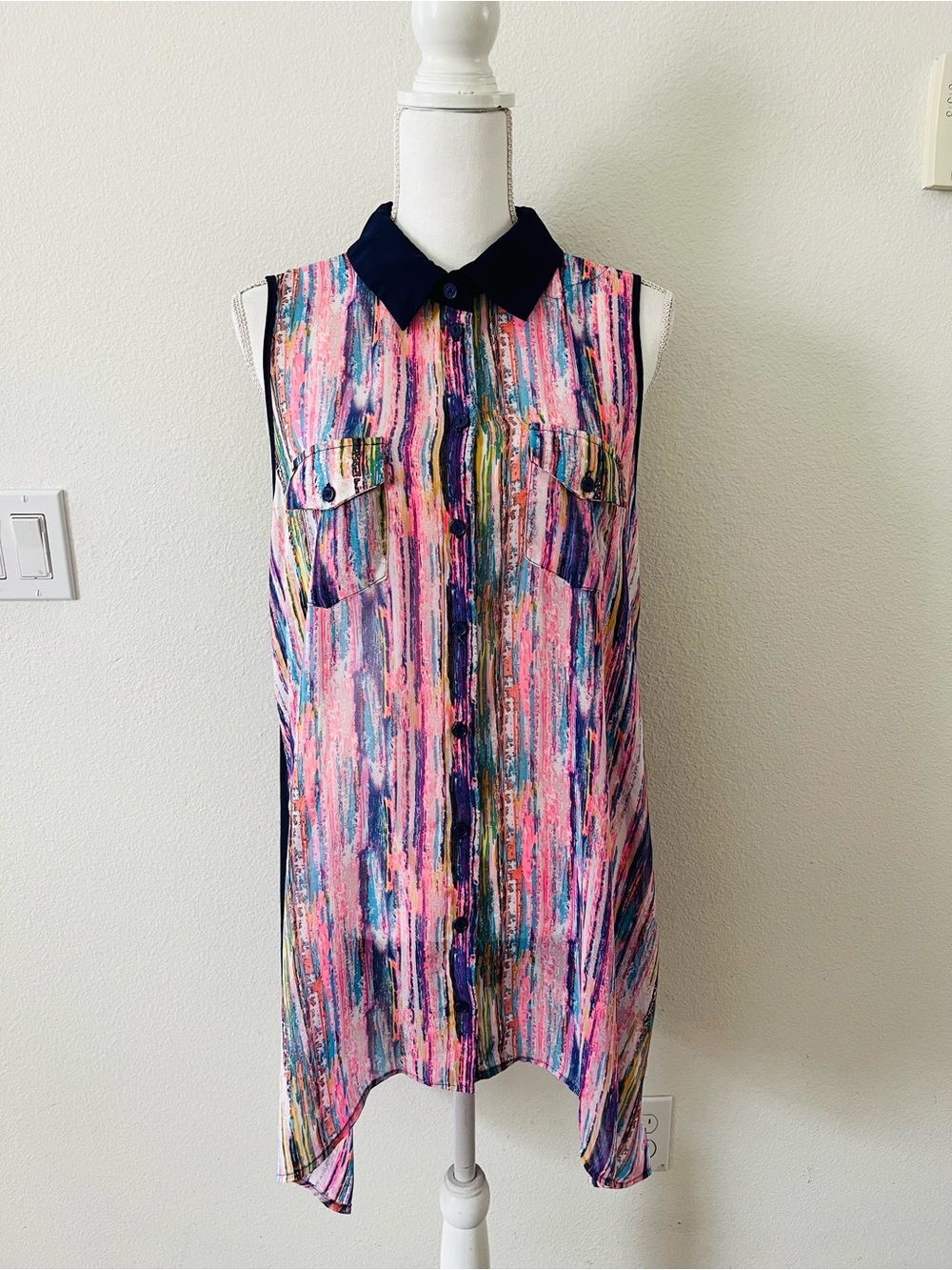 Sleeveless Button-Front Tunic with Navy Collar - Multicolor Stripe Print